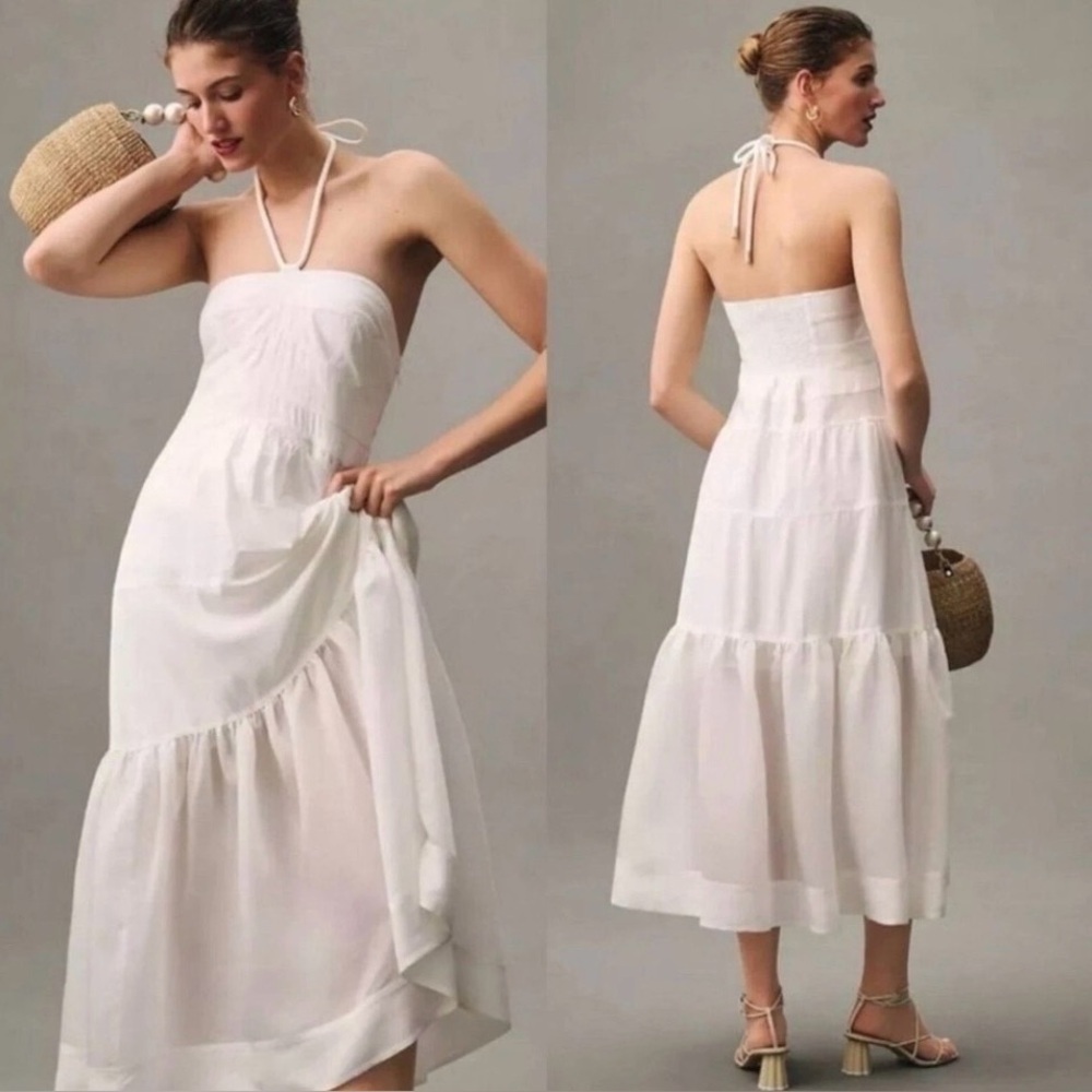 Mare Mare Anthropologie Halter Neck Dress Sz XS White Cotton Tiered Maxi READ